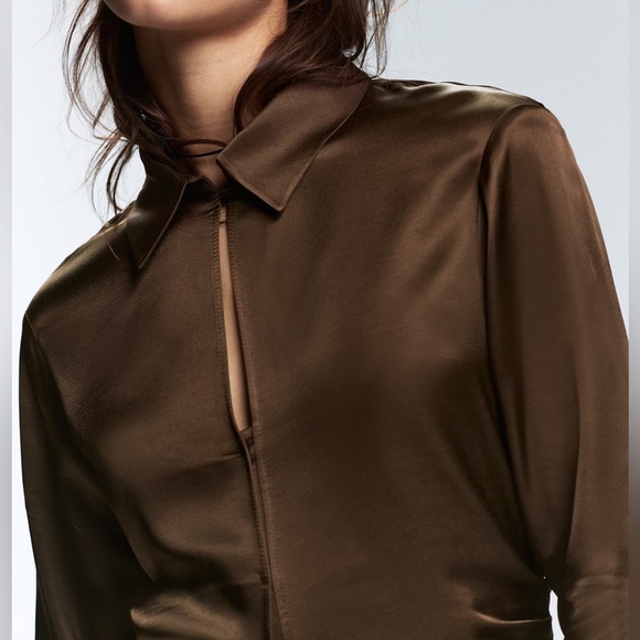 Zara satin Brown ruched side long sleeve button front collared blouse shirt - Picture 9 of 14
